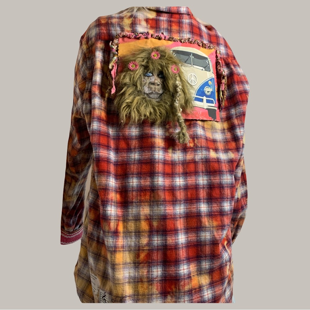 Upcycled Plaid Multicolor Boyfriend Shirt with Detachable Hip Bigfoot with Fur. - Picture 5 of 13